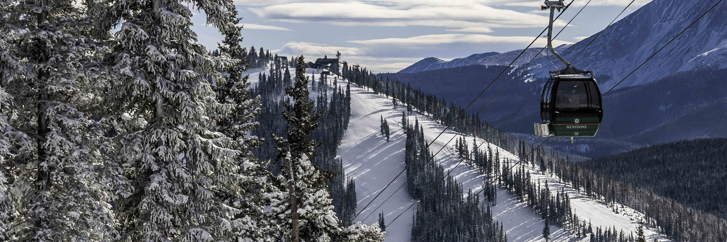 A gondola in a snowy mountain forest